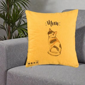 Perna Personalizata Pisica Meow Acuarela, 40x40 cm, Galben, Husa Detasabila, Perna Inclusa, BEKZ®