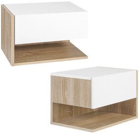 HOMCOM Set de 2 Noptiere murale - Set de 2 Noptiere - Sertar Glisant, Raft, Bicolor Aspect stejar Alb | Aosom Romania