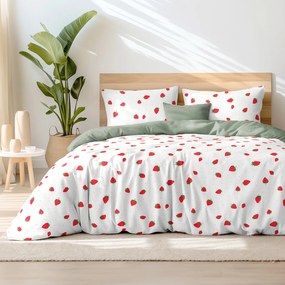 Goldea lenjerie de pat din 100% bumbac duo - căpșuni proaspete cu verde salvie 200 x 220 și 2buc 50 x 70 cm (din două bucăți, cusătură pe mijloc)