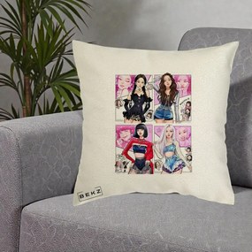 Perna Personalizata K-pop BLACKPINK Fanart Manga Benzi Desenate 4 Membre, 40x40 cm, Ecru, Husa Detasabila, Perna Inclusa, BEKZ®