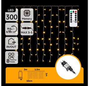 Aigostar - Ghirlandă LED exterior de Crăciun, 300 LED/6W/230V, 8 funcții, 3x1m, IP44, alb cald + telecomandă