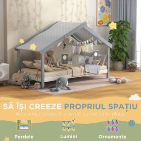 HOMCOM Pat Montessori pentru Copii în Formă de Căsuță cu Acoperiș Înstelat, Pat cu 15 Șipci, 213x100x140 cm, Gri | Aosom Romania