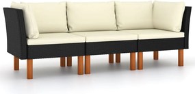 vidaXL Canapea de grădină cu 3 locuri, cu perne, negru, poliratan