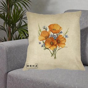 Perna Decorativa Maci Portocalii cu Floricele Albastre, 40x40 cm, Crem, Husa Detasabila, Perna Inclusa, BEKZ®