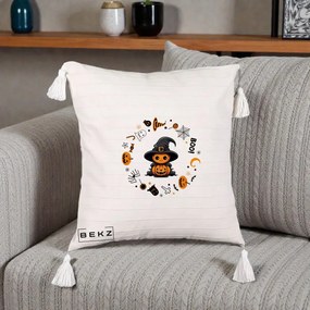 Perna Decorativa Halloween Dovleac Vrajitor Boo cu Simboluri, 40x40 cm, Bej cu Franjuri, Husa Detasabila, Perna Inclusa, BEKZ®