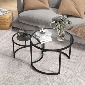 HOMCOM Set de 2 Mese de Cafea Suprapozabile din Sticlă și Oțel, Ø70x47.5 cm și Ø54x42.5 cm, Negru | Aosom Romania