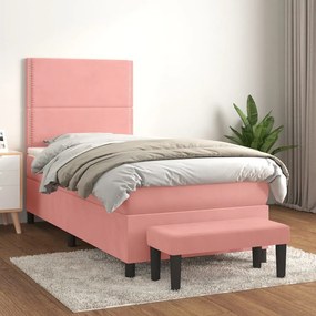 3137766 vidaXL Pat box spring cu saltea, roz, 90x200 cm, catifea