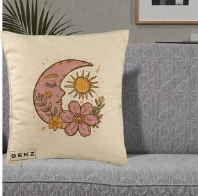 Perna Personalizata Luna si Soare Floral Boho, 40x40 cm, Bej, Husa Detasabila, Perna Inclusa, BEKZ®