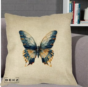 Perna Decorativa Fluture Albastru Auriu Elegant, 40x40 cm, Crem, Husa Detasabila, Perna Inclusa, BEKZ®