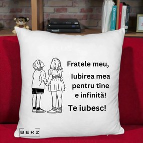 Cadou pentru Frate - Perna Personalizata Fratele Meu Te Iubesc Copii Tinand Maini Line Art, 40x40 cm, Alb Pufos, Husa Detasabila, Perna Inclusa, BEKZ®