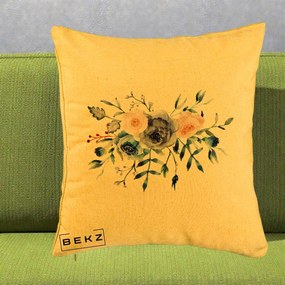Perna Decorativa Buchet Flori Albastre Acuarela, 40x40 cm, Galben, Husa Detasabila, Perna Inclusa, BEKZ®