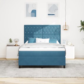 vidaXL Pat box spring cu saltea &amp;LED albastru închis 140x190cm catifea