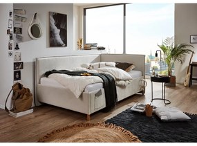 Pat pentru copii bej pe colț tapițat cu spațiu de depozitare cu somieră 120x200 cm Fun – Meise Möbel