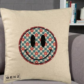 Perna Decorativa Smiley Face Checkered cu Floricele, 40x40 cm, Bej, Husa Detasabila, Perna Inclusa, BEKZ®