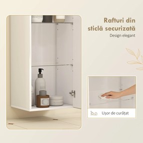 HOMCOM Dulap de Baie Suspendat cu Ușă Fără Mâner, 2 Rafturi Reglabile din Sticlă, Mobilier Suspendat Multifuncțional, 30x23,4x71,2 cm, Alb Lucios | Aosom Romania
