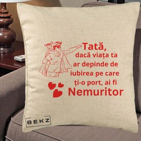 Cadou pentru Tata - Perna Personalizata Tata Nemuritor cu Fetita, 40x40 cm, Bej, Husa Detasabila, Perna Inclusa, BEKZ®
