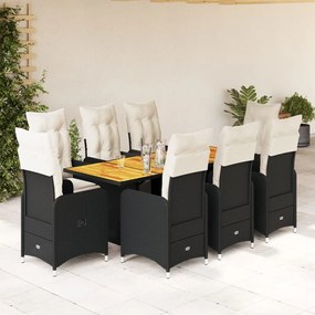 3277134 vidaXL Set bistro de grădină, 9 piese, cu perne, negru, poliratan