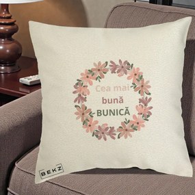 Cadou pentru Bunica - Perna Personalizata Cea Mai Buna Bunica Coronita Flori Roz, 40x40 cm, Ecru, Husa Detasabila, Perna Inclusa, BEKZ®