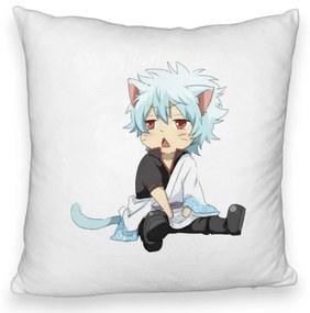 Perna Decorativa Fluffy cu Gintama Gin Cat, 40x40 cm, Alba, Husa Detasabila, Burduf