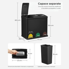 Coș de reciclare SORT 24L (3x8L), negru SongmicsHome
