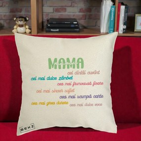 Cadou pentru Mama - Perna Personalizata Mama Cel Dintai Cuvant cu Text Colorat Multicolor, 40x40 cm, Ecru, Husa Detasabila, Perna Inclusa, BEKZ®