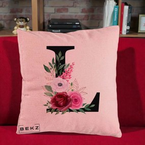 Cadou Personalizat - Perna Personalizata Monograma Florala Litera L, 40x40 cm, Roz, Husa Detasabila, Perna Inclusa, BEKZ®