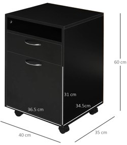 HOMCOM Dulap Mobil cu 4 Roți (2 cu Frână), Raft și 2 Sertare pentru Documente, PAL și Metal, 40x35x60 cm, Negru | Aosom Romania