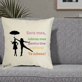 Cadou pentru Sora - Perna Personalizata Sora Mea Te Iubesc Siluete Colorate Umbrela, 40x40 cm, Ecru, Husa Detasabila, Perna Inclusa, BEKZ®