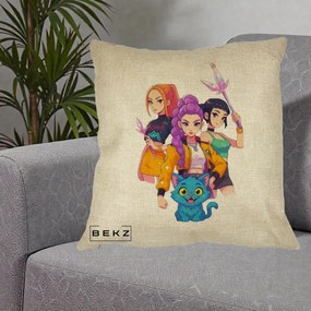 Perna Personalizata K-pop HUNTRX Trio cu Pisica si Cristale, 40x40 cm, Crem, Husa Detasabila, Perna Inclusa, BEKZ®