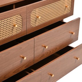 Comodă vintage cu 6 sertare și detalii din ratan, mânere din metal pentru dormitor și living, 120x40x90 cm, Culoare naturală