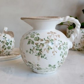 Carafă din ceramică albă antichizată, pictată manual, cu decor floral-vegetal, 18,5x20,5 cm, „Grasse"