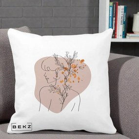 Perna Decorativa Femeie cu Flori Line Art Boho, 40x40 cm, Alba Mata, Husa Detasabila, Perna Inclusa, BEKZ®