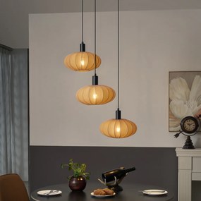 Lampă suspendată Japandi neagră cu abajur maro din material textil cu 3 lumini - Bida