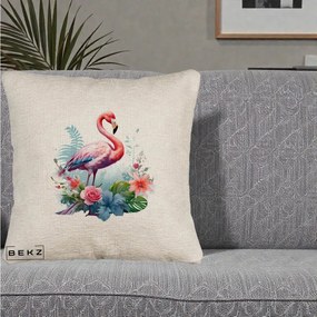 Perna Decorativa Flamingo cu Flori Tropicale Acuarela, 40x40 cm, Bej Canapea, Husa Detasabila, Perna Inclusa, BEKZ®