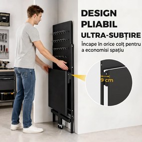 HOMCOM Banc de Lucru Pliabil Portabil cu Panou Perforat, Blat Gros din Lemn, Structură din Oțel, Negru | Aosom Romania