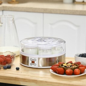 HOMCOM Mașină de Făcut Iaurt cu 7 Borcane Sticlă 180ml Cronometru Termostat Ajustabil Afisaj LED Deserturi Casnice | Aosom Romania