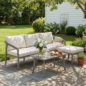 Outsunny Set Grădină Exterior 3 Piese cu Canapea 3 Locuri, Taburet, Masă de Cafea și Perne Maro și Bej | Aosom Romania