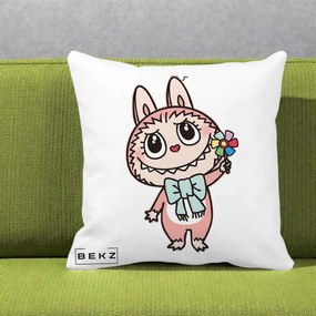 Perna Personalizata Labubu Roz cu Morisca, 40x40 cm, Alba Mata, Husa Detasabila, Perna Inclusa, BEKZ®