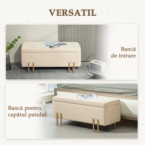 HOMCOM Bancă de Depozitare cu Șezut Tapițat și Picioare Lăcuite Aurii, 100x40x42 cm, Gri | Aosom Romania