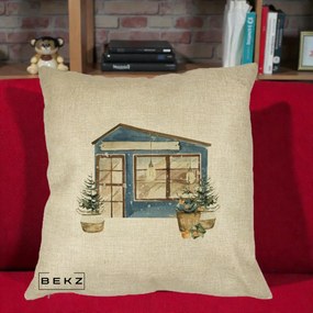 Perna Decorativa Casa de Iarna Watercolor, 40x40 cm, Crem, Husa Detasabila, Perna Inclusa, BEKZ®