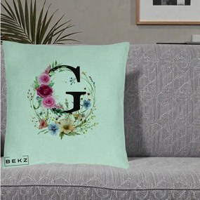 Cadou Personalizat - Perna Personalizata Monogram Litera G cu Flori Acuarela, 40x40 cm, Verde Menta, Husa Detasabila, Perna Inclusa, BEKZ®
