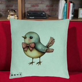Perna Decorativa Pasare Bleu cu Fundita Rosie, 40x40 cm, Verde Menta, Husa Detasabila, Perna Inclusa, BEKZ®