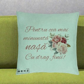 Cadou pentru Nasa - Perna Personalizata Pentru Cea mai Minunata Nasa Cu drag Finii, 40x40 cm, Verde Menta, Husa Detasabila, Perna Inclusa, BEKZ®