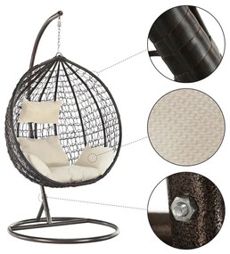 Fotoliu leagan suspendat, cu perne moi, rezistente la UV, împletitură tip răchită, structură metalică, pentru interior și exterior, Maro/Crem