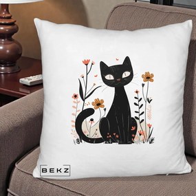 Perna Decorativa Pisica Neagra Flori Pastel Folk, 40x40 cm, Alb Pufos, Husa Detasabila, Perna Inclusa, BEKZ®