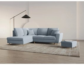 Colțar albastru deschis extensibil, cu spațiu de depozitare cu tapițerie din catifea (cu colț pe partea stângă-în formă de ”L”) Kyoto – Cosmopolitan Design