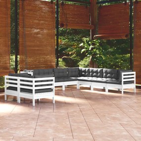 Set mobilier de gradina cu perne, 9 piese, alb, lemn masiv pin Alb, 1