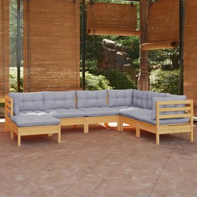 Set mobilier gradina cu perne gri, 7 piese, lemn masiv de pin