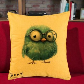 Perna Decorativa Pui Pufos Teal cu Ochelari, 40x40 cm, Galben, Husa Detasabila, Perna Inclusa, BEKZ®