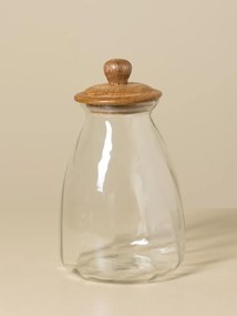 Set 3 borcane din sticlă canelată cu capac din lemn de mango cu mâner sculptat, natur, 12 × 24 cm, „Twisted"